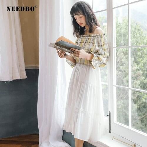 NEEDBO Pleated Skirt Midi Solid Long Skirts Plus Size Lady Elastic Waist Beach Elegant Casual Skirts Women Summer Pleated Skirt