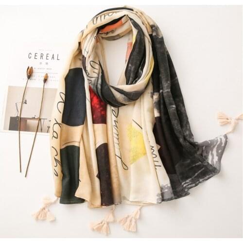 Autumn Fashion Graffiti Painting Letter Tassel Viscose Shawl Scarf Women High Quality Print Warm Hijabs and Wraps Muslim Sjaal