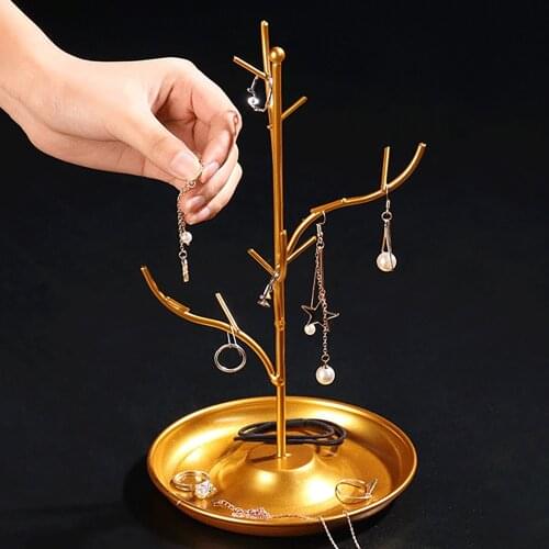 Golden/Black Tree Shape Jewelry Display Stand Wrought Iron Organizer Earring Holder Necklace Bracelet Rack Crafts Display Holder