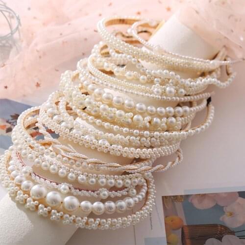 Fashion Acrylic Headband Rose Flower Wave White Imitation Pearl Hair Bands Metal For Women Girls Wedding Party Hair Accessories