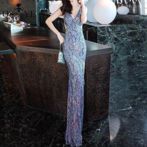 Multi-Color Sequin Evening Dress Split Mermaid Prom Gown V Neck Sleeveless Party Dress Hollow out Blue Low Back Women Prom Gown