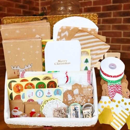 Christmas Gift Pack Combo Set Kraft Paper Bag Candy Gift Boxes Xmas Number Sticker Paper Tag Gift Packing Bags New Year Supplies