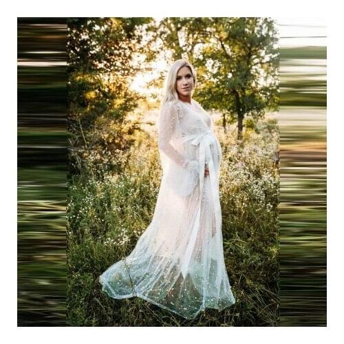 Sexy Pearls Maternity Robes Long Sleeves See Thru Custom Made Long Soft Tulle Pregnancy Dressing Gowns