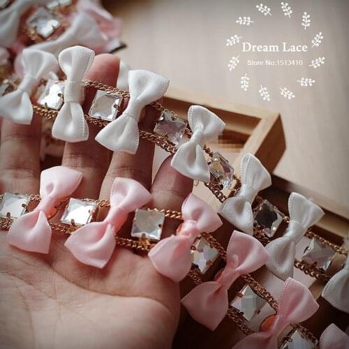 Glass drill Beaded Lace Trim Vintage Mesh Fabric Paillette Lace Beaded Pearl Trim bowknot Lace AppLique 1yards