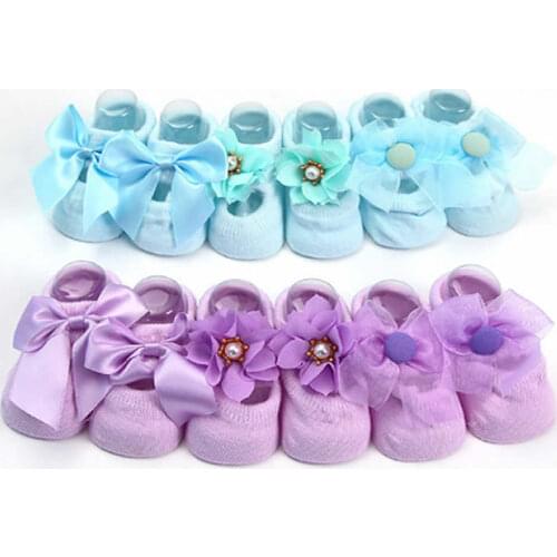 New baby baby thin cotton socks floor combed cotton bud silk flowers bow antiskid ship rubber toddler baby non-slip socks point