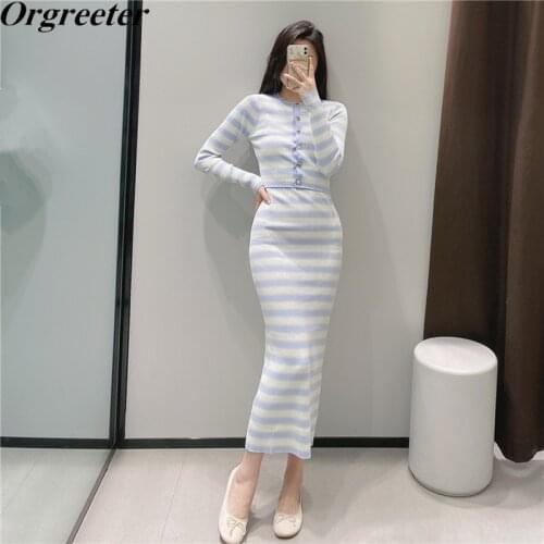 Knitted Striped Two piece Sweater set Women Clothing Casual Cardigan Coat Tank Tops and Spaghetti Strap Long Dress Sets Outfits