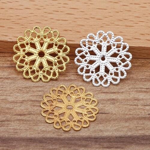 23mm Vintage Brass Hollow Filigree Flower Charms Bases Connectors Wraps Finding Hair Clasps Settings DIY Jewelry Accessories