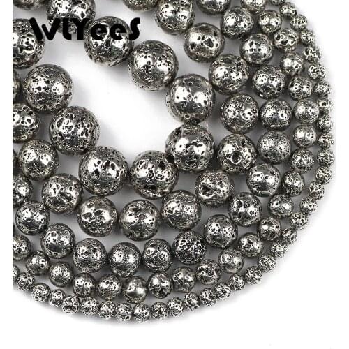 WLYeeS Natural Rock Stone Plated Ancient silver Lava Volcanic Round Loose Beads 4 6 8 10 12mm Ball for Men Charms Jewelry Making