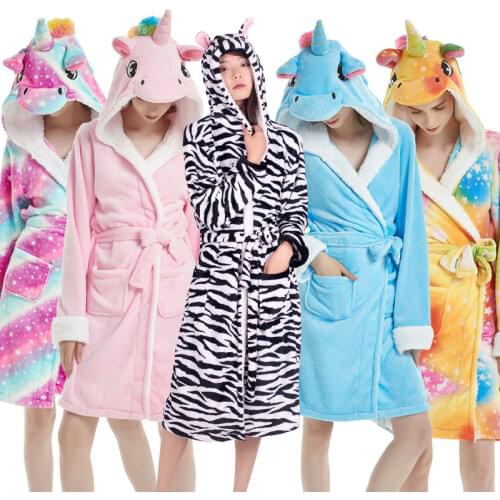 Adults Winter Coral Velvet Hooded Unicorn Robe Women Flannel Dressing Gown Panda Stitch Animal Bath Robes Mens Long Bathrobes