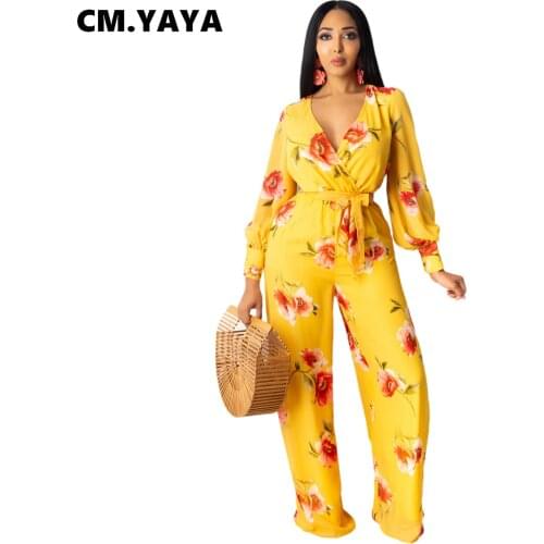 CM.YAYA Women Jumpsuit Floral Print Baggy Bandage Sashes Overalls Vintage Loose Romper Casual One Piece Clothing Autumn 2021