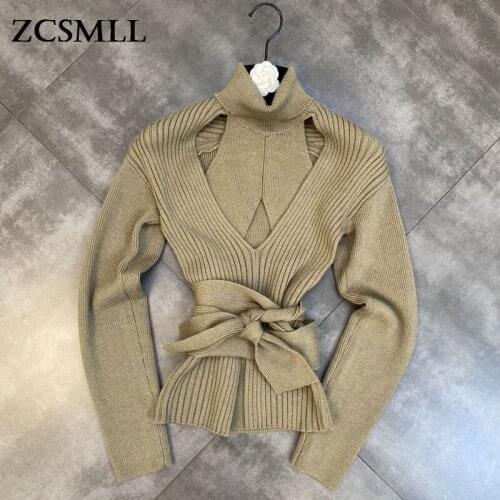 ZCSMLL 2021 Autumn and Winter High-necked Solid Color Pullover Long-sleeved Tie Waist Cross-hollow Sexy Women Sweater Tide