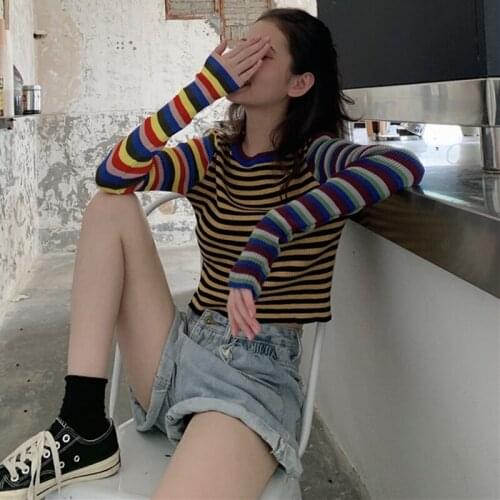 Women Sweaters Long Sleeve O-neck Crop Tops Fashion Stripe Patchwork Streetwear Women Casual Sweaters