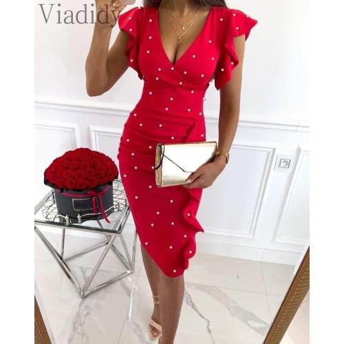 Women Elegant Beaded Deep V-neck Bodycon Ruffles Design Straight Dress