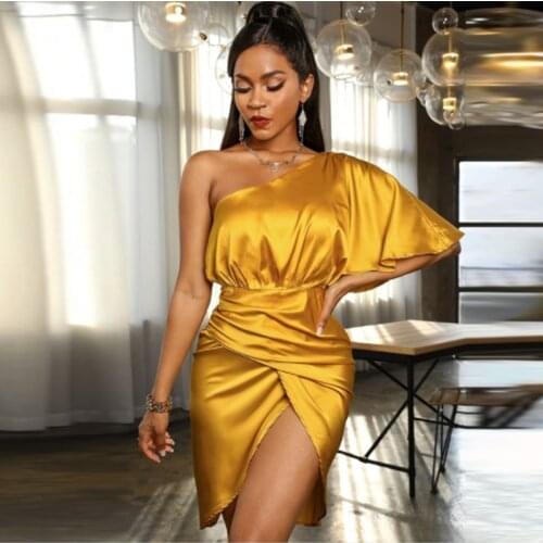 Gold Midi Evening Dress One Shoulder Short Plain Ruffles Pleated Bodycon Ladies Elegant Slit Party Slim Womens Dress Mom Suit