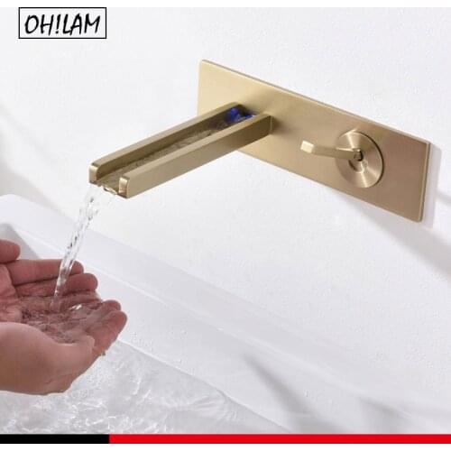 Gold Luxury Bathroom LED Sink Faucet Waterfall Wall Mount Mixer Faucet No Battery Color Changing Water Temperature Basin Faucet