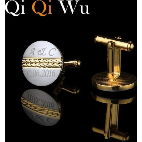 Qi Qi Wu Gold Personalized Cuff links for Men Customized Jewelry Gifts Golden Wedding Cufflinks Engraved Name Record Initials