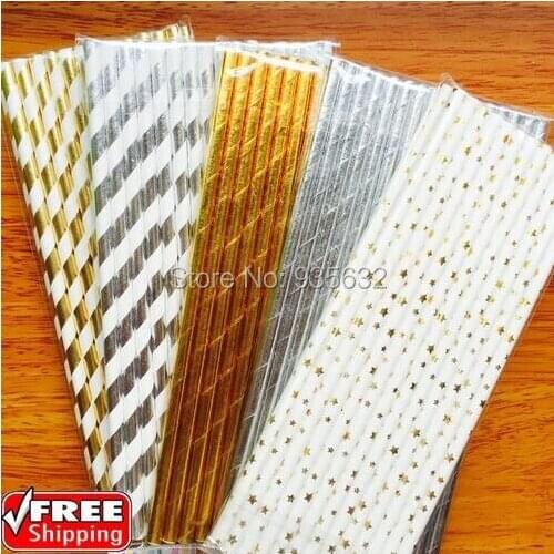 100pcs/lot Gold/Silver Foil Paper Straws for Wedding Christmas Decorative Party Events Supplies Creative Dinking Straws