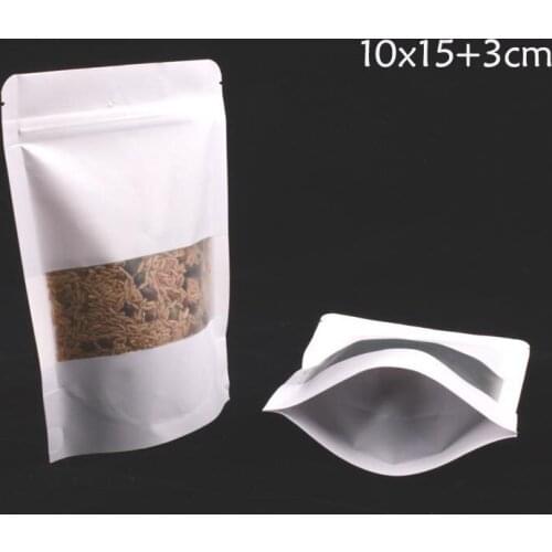200PCS 10*15+3CM Standup White kraft paper Ziplock Bag with window Resealable Food storage 3.9''*5.9'' white kraft Paper Bag