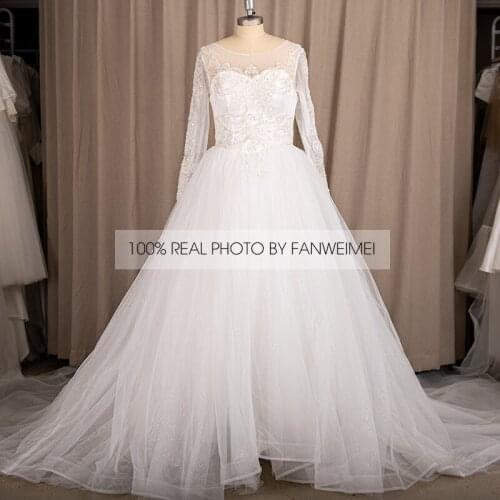 9243#100% Real Photos Hot Selling O Neck Backless Beading Long Sleeve Princess Ball Gown Wedding Dresses Wholesale Price