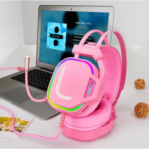Hot V10 wired gaming headset USB 7.1 channel LED light pink cute girl headphones with mic noise reduction music headphones