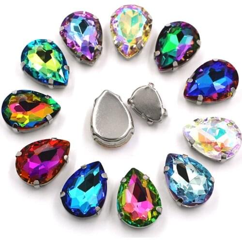 HFOUR 10x14mm/13x18mm Teardrop Shape Glass Crystal Sliver Claw Setting Ab Rhinestones Sew On Garment/Bags/Shoes