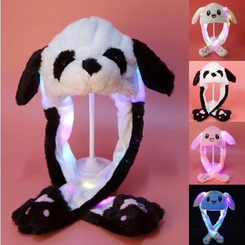 Adult Kids Light Up Plush Animal Hat with Moving Long Ears Cartoon Rabbit Bunny Panda LED Glowing Earflap Cap Stuffed Toys Party