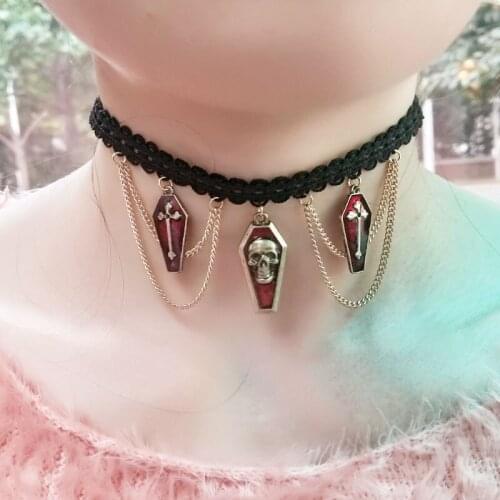 Lace Tassel Cross Skull Coffin Pendant Necklace For Women Punk Retro Trend Jewelry Neck Collar Chain Gold Color Jewellry VGN246