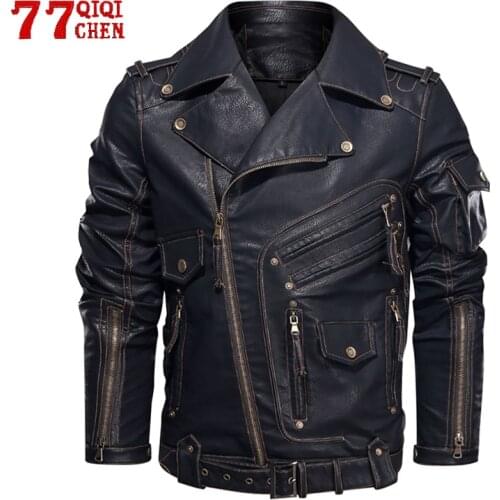 Mens Winter Leather Jacket Fashion Motorcycle PU Leather Jacket Men Cool Zipper Multi-pocket Leather Coats Bike Chaquetas Hombre