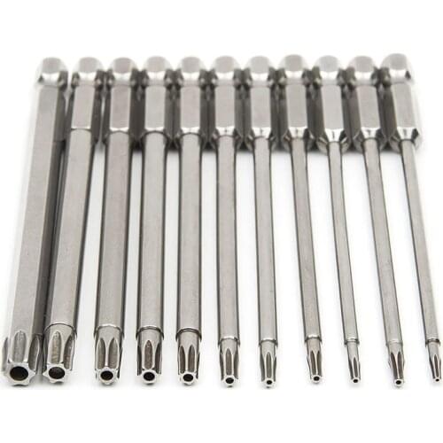 11Pcs 100mm Long Magnetic Torx Screwdriver Bit Set 1/4"Hex Shank Security Electric Screwdrivers Home Tools T6~T40