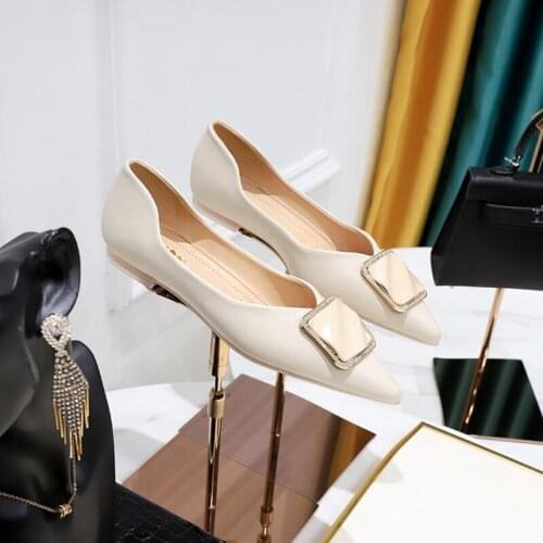 New Pointed Shallow Mouth Metal Square Buckle Soft Bottom Commuting Korean Flat Heel Womens Single Shoe-QS-14