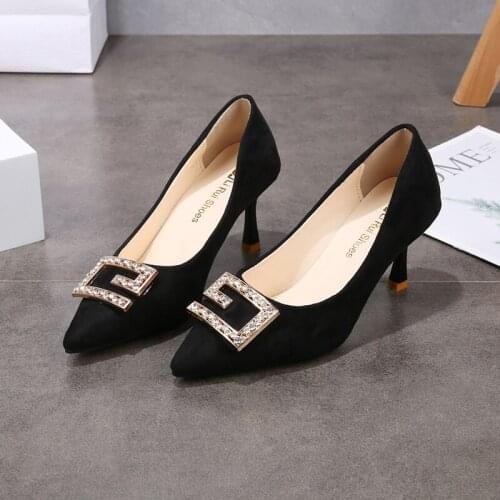 Summer New Womens Single Shoes Shallow Mouth Square Toe Elegant Rhinestone Decoration Roman Retro High Heels
