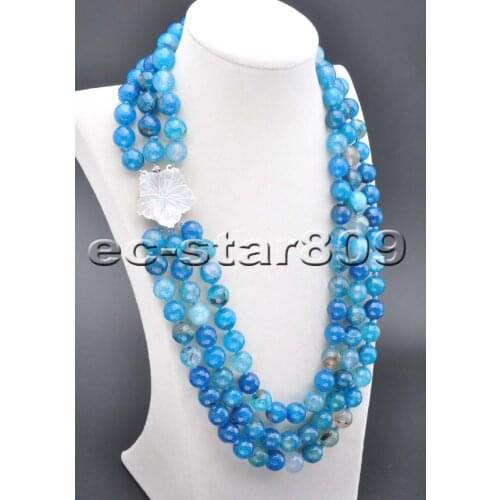 S2167 3row 22" Blue 12mm Faceted Agate Bead Necklace