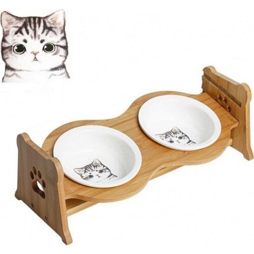 Liftable Pets Double Bowl Dog Cat Food Water Feeder Stand Raised Ceramic Dish Bowl Wooden Table Tableware Pet Product