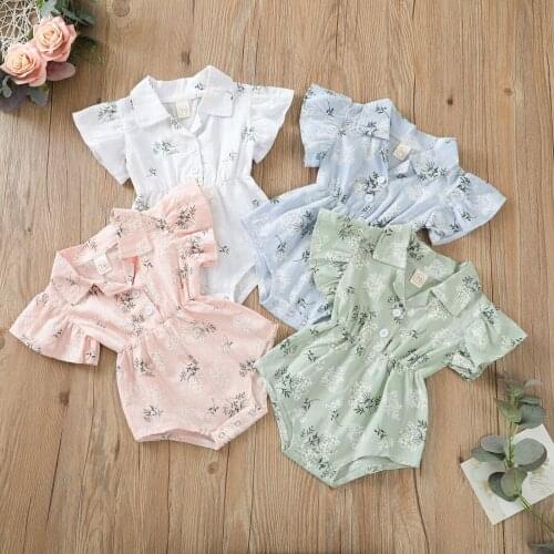 Newborn Baby Girls Casual Romper Floral Printed Short Sleeve Jumpsuits Clothes Ruffles Sleeve Playsuit Toddler Infant Outwear