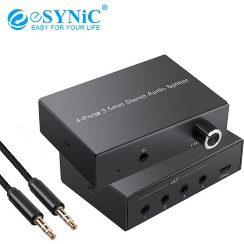 ESYNiC 4 Port 3.5mm Stereo Audio Splitter Multiple Audio Outputs Headphone Amp 1 In 4 Out Audio Splitter Box With Volume Control