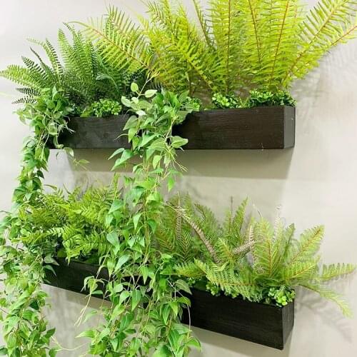 Mixed Artificial Plants Leafs vine Pot Holder Decorate Wall Decor Fake Plant 3D Wall Hanging Decorative Wall Art Wooden Planter