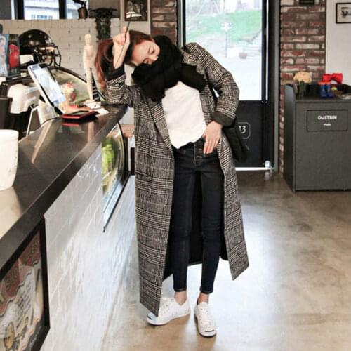 Warm Woolen Coat Button Pocket Jackets Outwear Autumn Winter Cashmere Trench Jacket Women Long Casual Plaid Coat Thickness