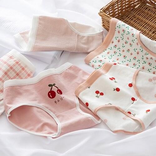 6pcs/set Cartoon Cherry Floral Print Girls Underwear Breathable Cotton Crotch Cute Briefs Middle Waist Triangle Pants