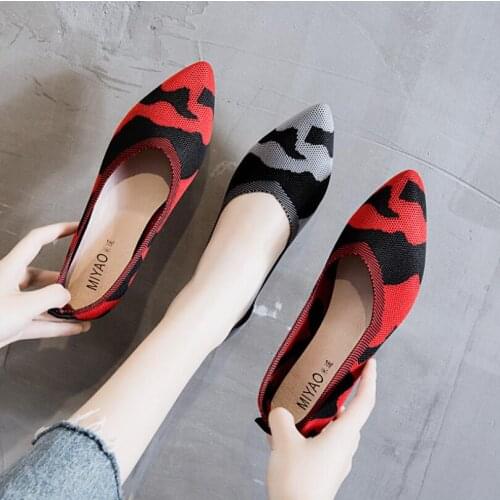 Women Slip on Flat Loafers Pointed Toe Shallow Ballet Flats Shoes Knitting Casual Flat Shoes Camouflage Ballerina Flats