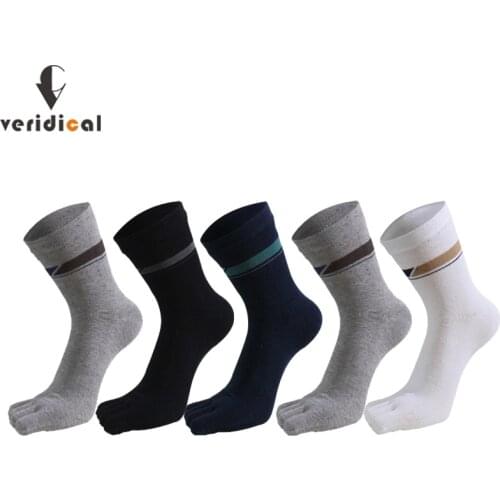 VERIDICAL Cotton Five Finger Socks Business Solid Striped Breathable Work Warm Party Dress Long Socks With Toes Brand EU 38-44