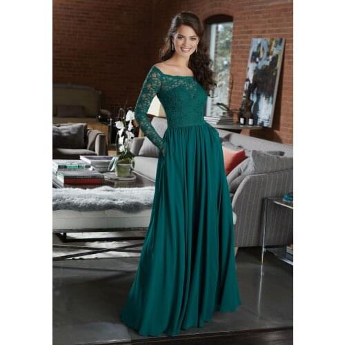 Green Bridesmaid Dresses 2020 Long Sleeve Chiffon Prom Party Gowns Sheer Lace Wedding Guest Maid Of Honor Dress A Line