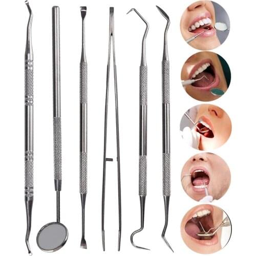 6pc/set Stainless Steel Dental Mirror Dental Dentist Prepared Tool Set Probe Tooth Care Kit Instrument Tweezer Hoe Sickle Scaler