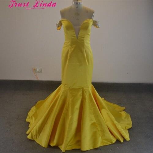 Real Photo Beading Shoulder Yellow Satin Mermaid Bridesmaid Dresses Pleat Long Party dresses Long Train Custom Made Prom Gowns