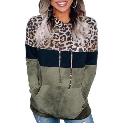 Autumn and Winter Womens Clothing Hooded Leopard Printed Stitching Loose Sweater Plush Casual Female Tops Hooded Sweater Pocket
