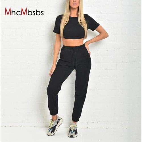 Women Two Piece Set Short Sleeve Cropped Sweatshirt+Drawstring Beam Feet Pants Sweatpants Joggers Outfits 2021 Autumn Sportwear