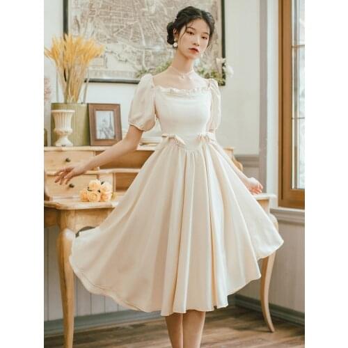 Summer French Women Palace Style Vintage Dresses Apricot / Red Long Princess Midi Dress Vestido Robe Rouge Femme Lolita Dress