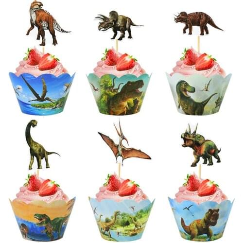 24pcs/set Dinosaur Cupcake Wrapper Dino Jungle Safari Birthday Cake Toppers Happy Birthday Party Decoration Baby Shower Supplies