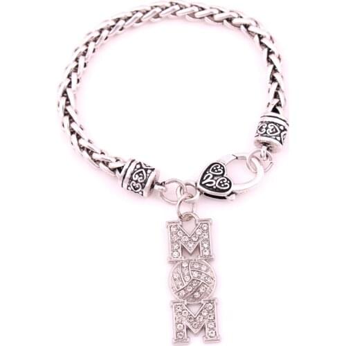 Antique sliver plated zinc studded with sparkling crystal MOM VOLLEYBALL pendant charm bracelet link chain