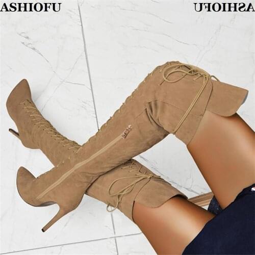 ASHIOFU Wholesale Handmade Ladies High Heel Boots Cross-straps Party Prom Over Knee Boots Large Size Evening Fashion Boots Shoes