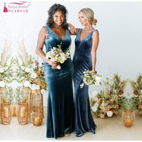 Velvet Bridesmaid Dresses Mermaid V Neck Sleeveless Sexy Long Wedding Guest Party Dress Vestido De Festa Brides Maid Gowns MBP44